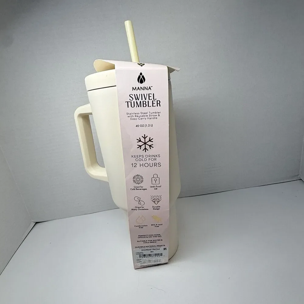 MANNA Easy Carry Handle Stainless Steel Tumbler Vanilla 40 Oz Reusable Straw New